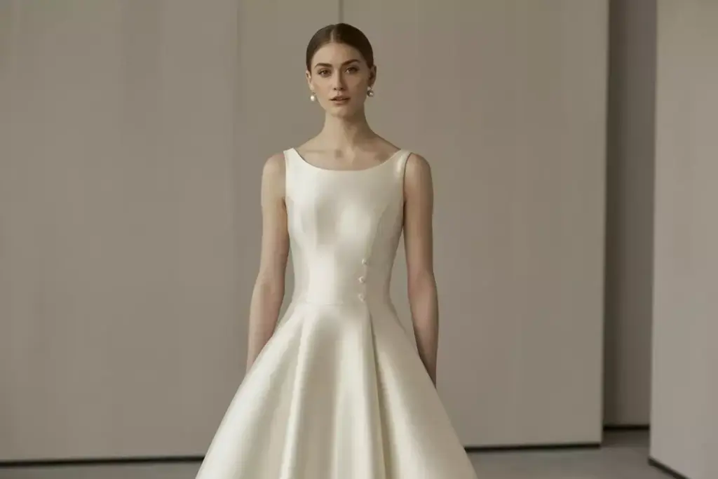 Person in structured silk mikado a line wedding gown