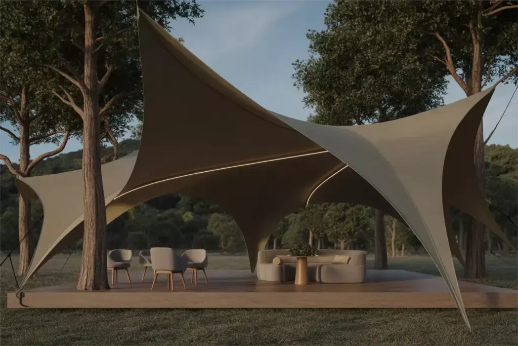 Sculptural stretch tent wrapping around trees with led lighting in forest