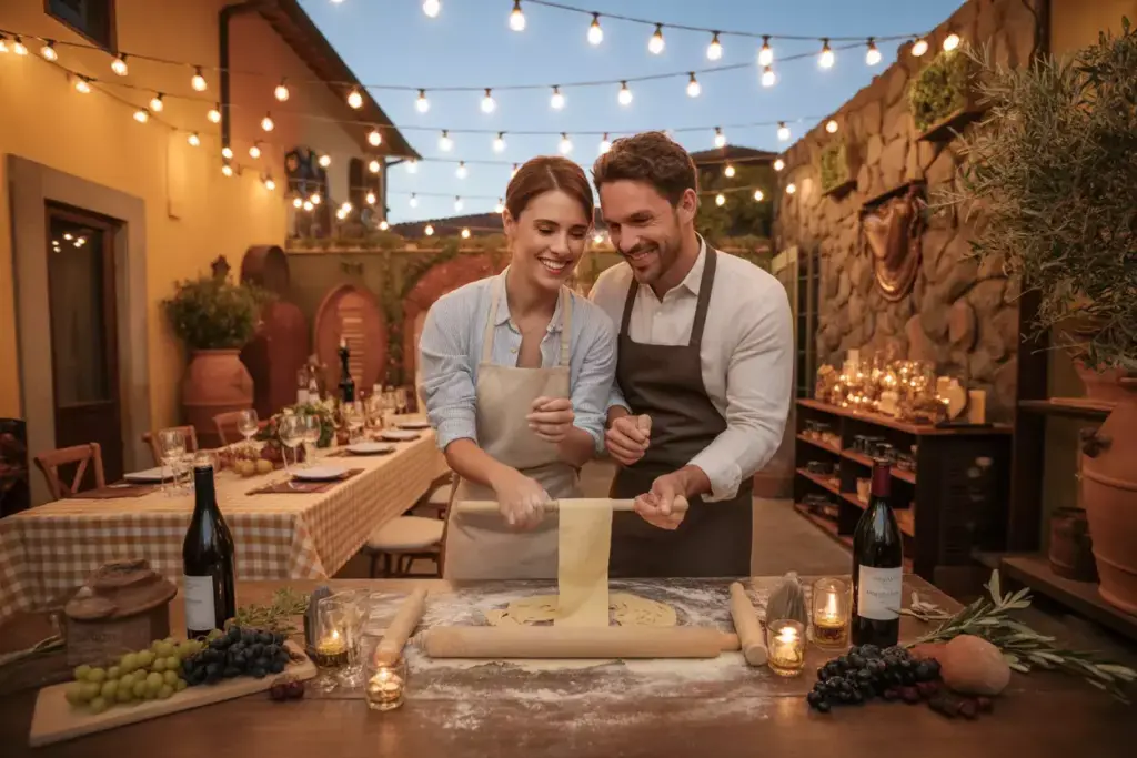 Tuscan villa themed pasta making couple wine table courtyard