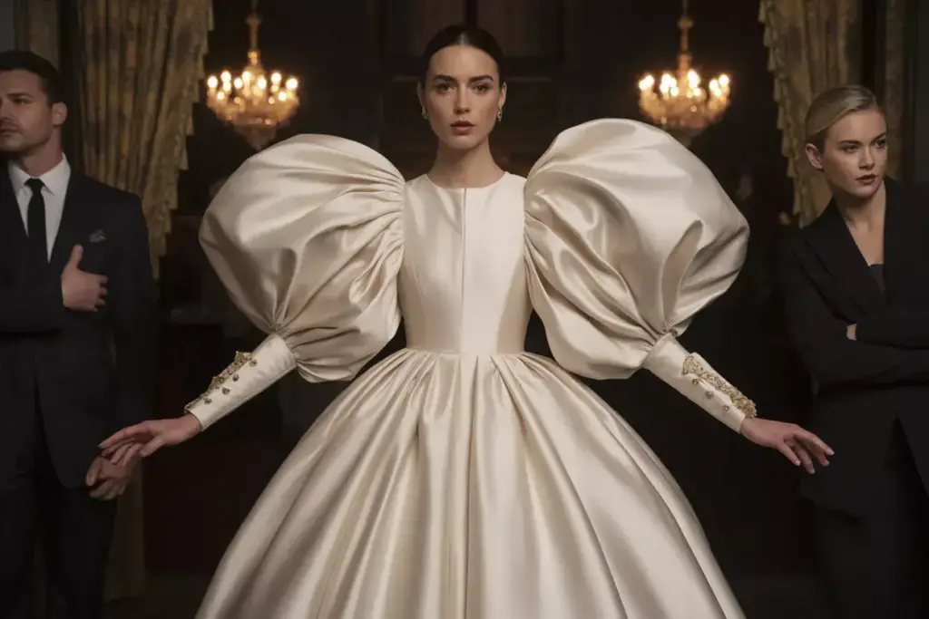 Voluminous bishop sleeves structured satin ballgown winter formal