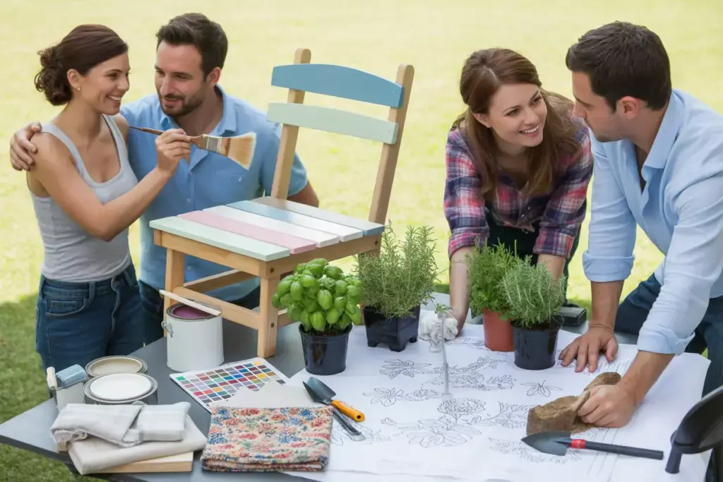 Backyard couple upcycling chair garden planning herb plants