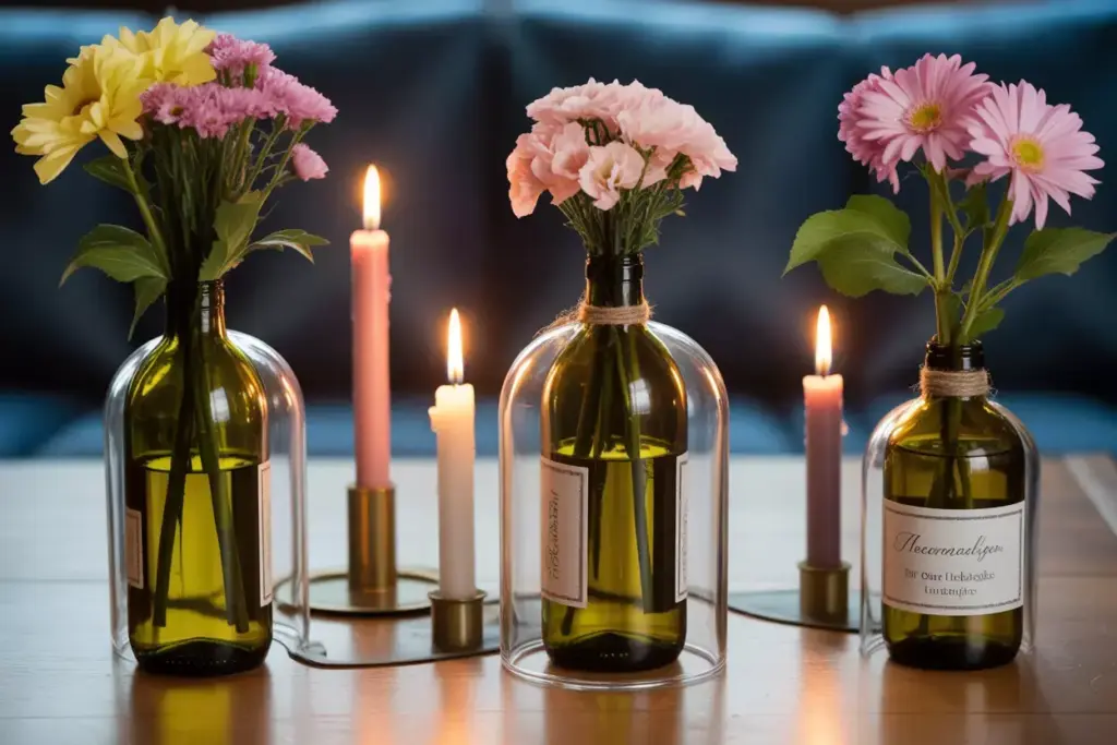 Group of three cut wine bottle vases with flowers and taper candles