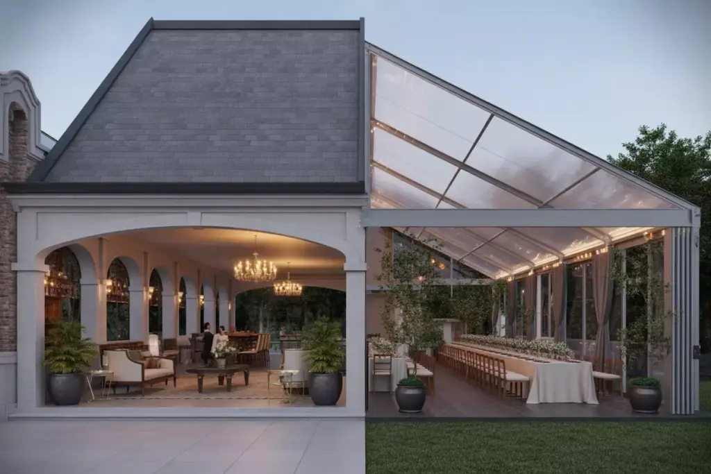 Hybrid pavilion and tent structure with seamless transition and lounge furniture