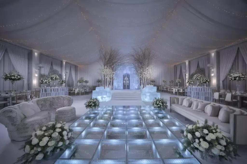 Luxurious hotel ballroom winter wonderland with draped ceiling and uplighting