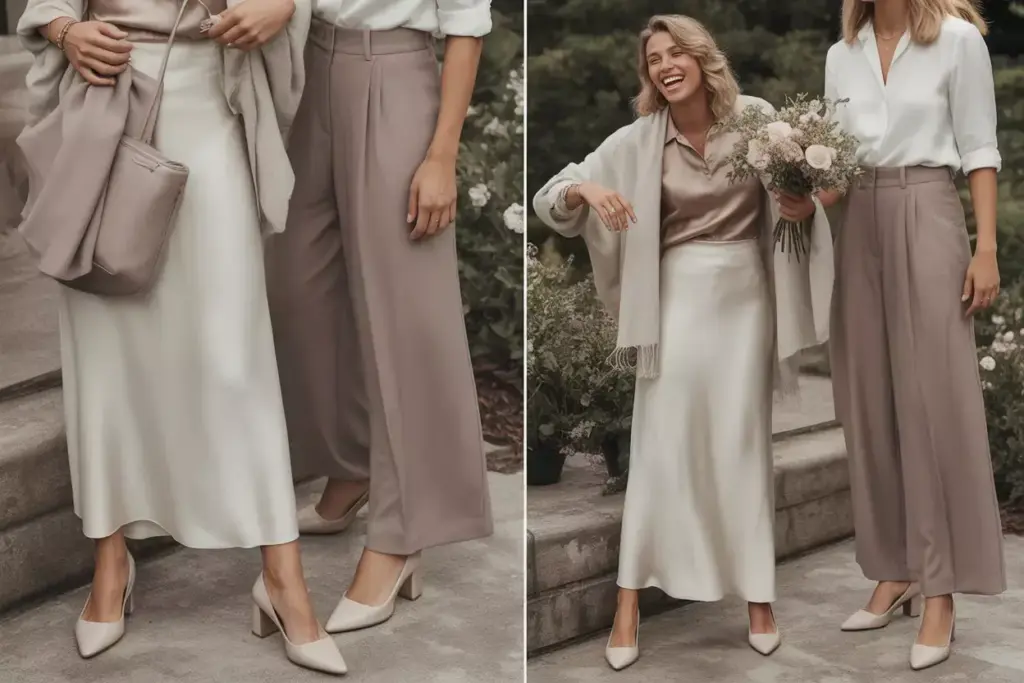 Person in silk blouse and flowing skirt at garden party