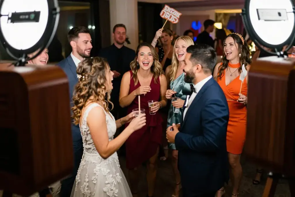 Social connections guests mingling laughing around photo booth