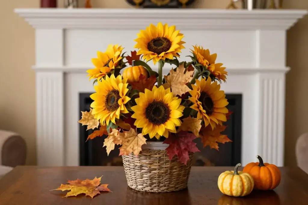 Sunflower base with maple leaves and pumpkins on fall mantel display