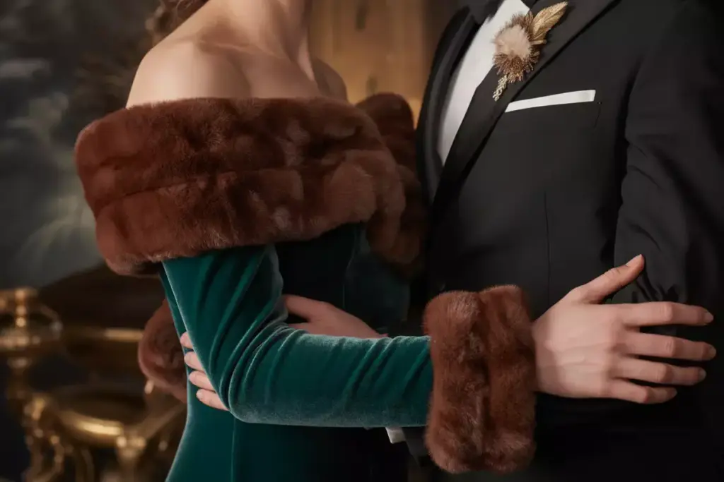 Velvet off shoulder sleeve fur trim winter wedding opulence