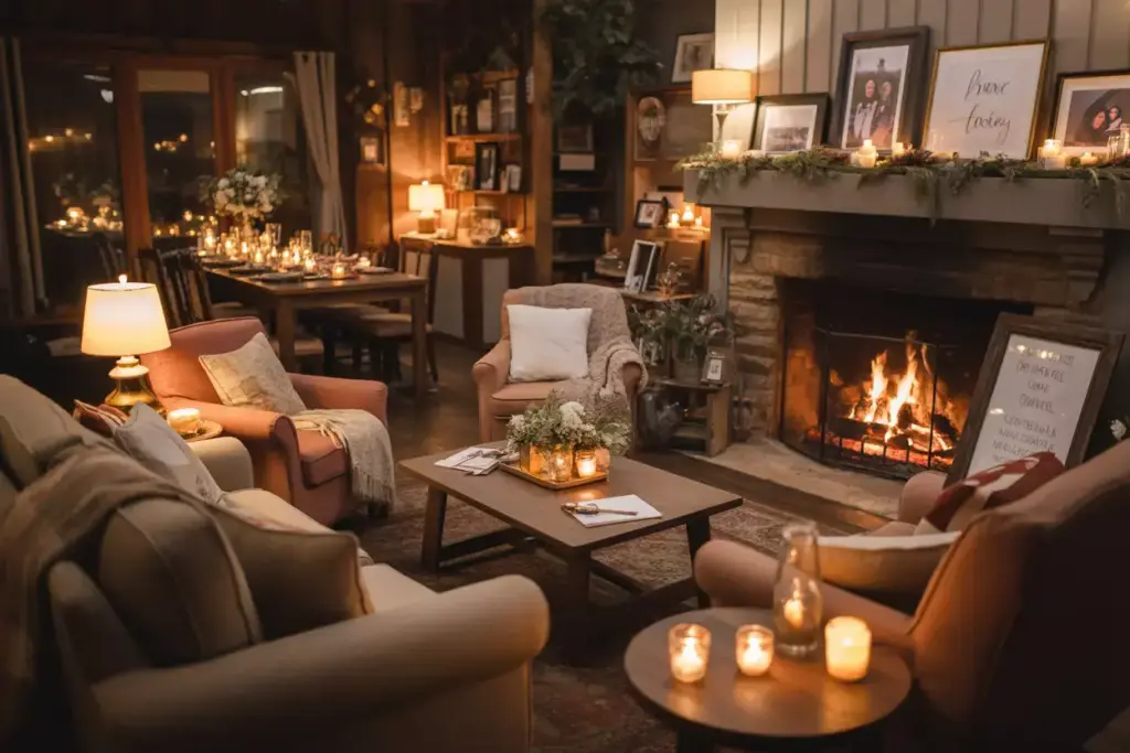 Intimate home style reception with cozy living room and fireplace