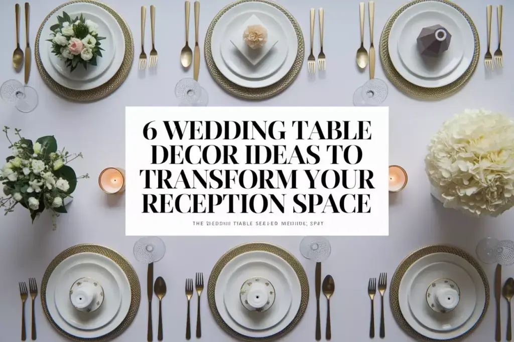 Flat lay of six miniature wedding table settings showcasing decor variety