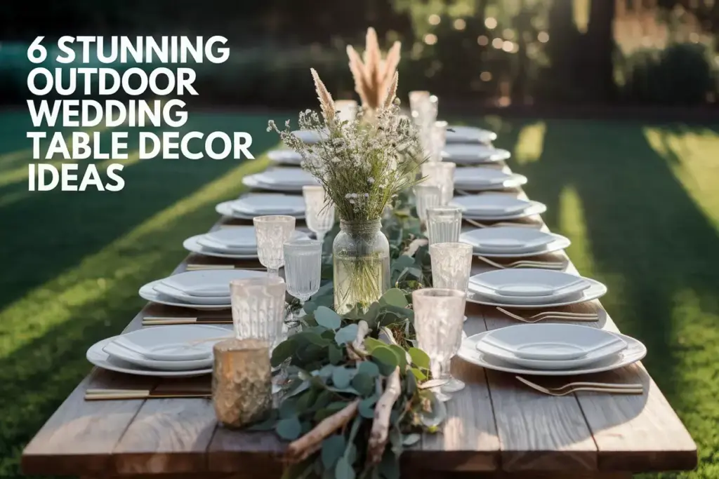 Long garden table showcasing six wedding decor styles at golden hour