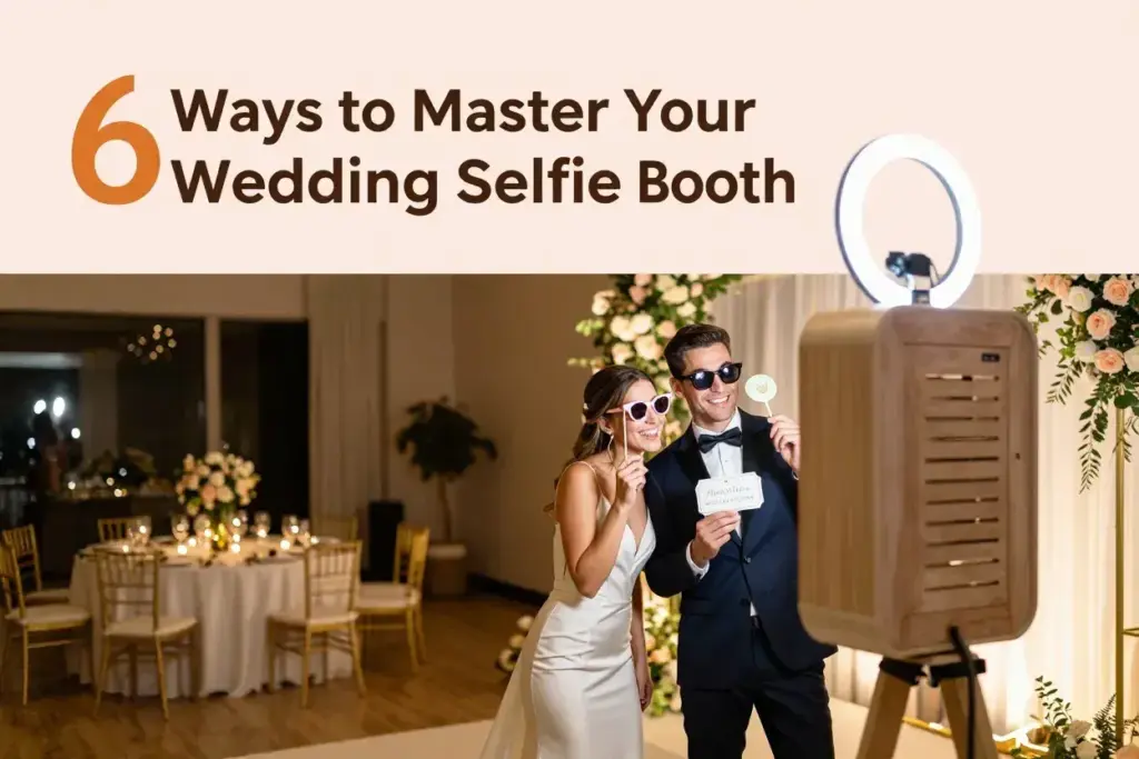 Modern wedding couple using elegant selfie booth with props