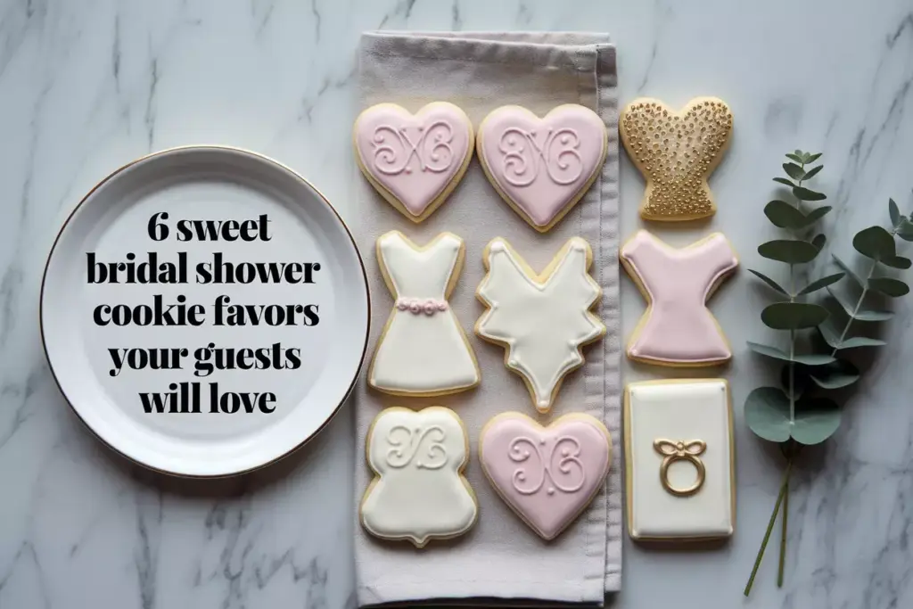 Overhead flat lay of six elegant bridal shower cookie favors on marble