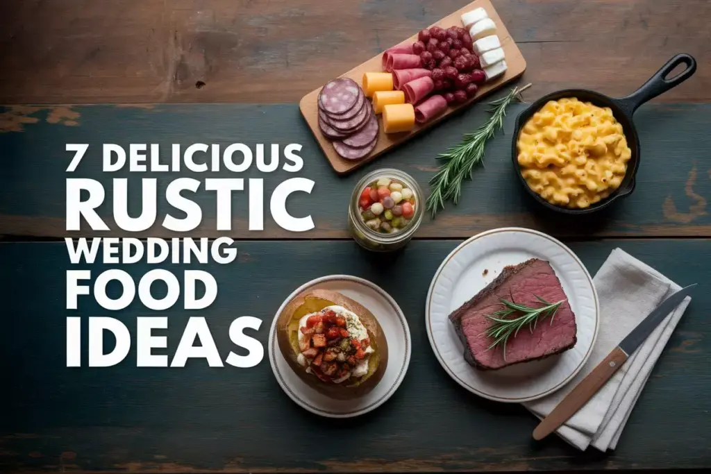 Rustic wedding food flat lay showcasing charcuterie skillets and mason jars
