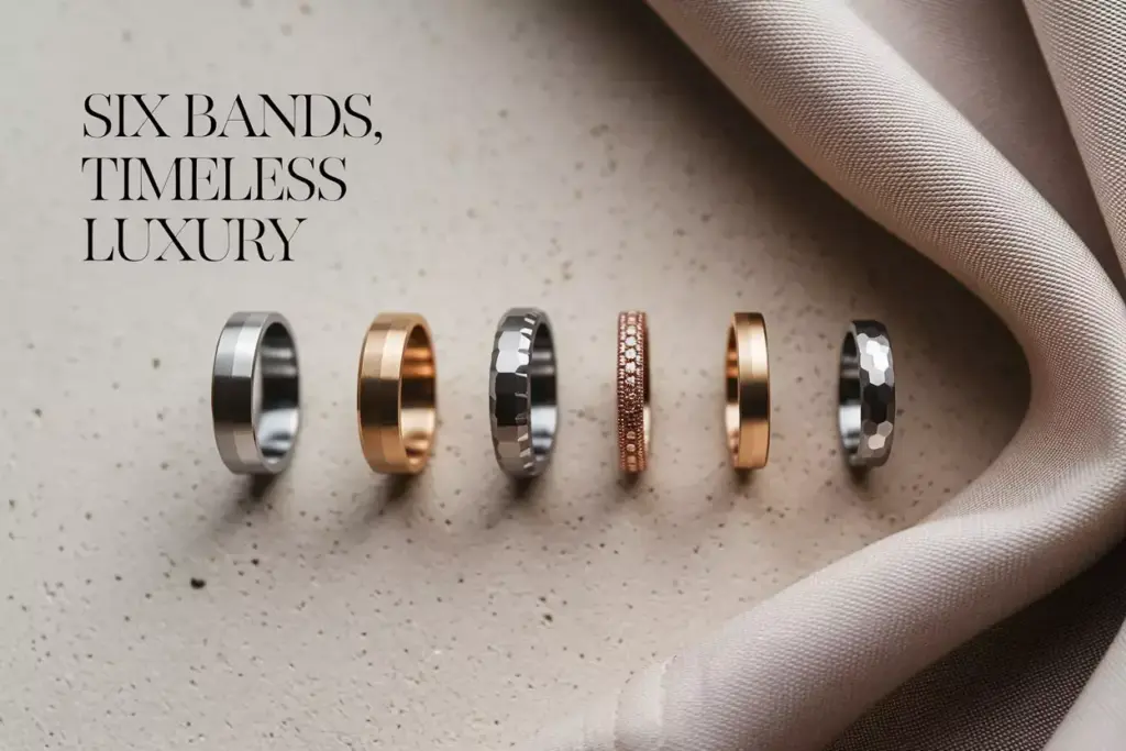 Six minimalist wedding bands on textured neutral background flat lay