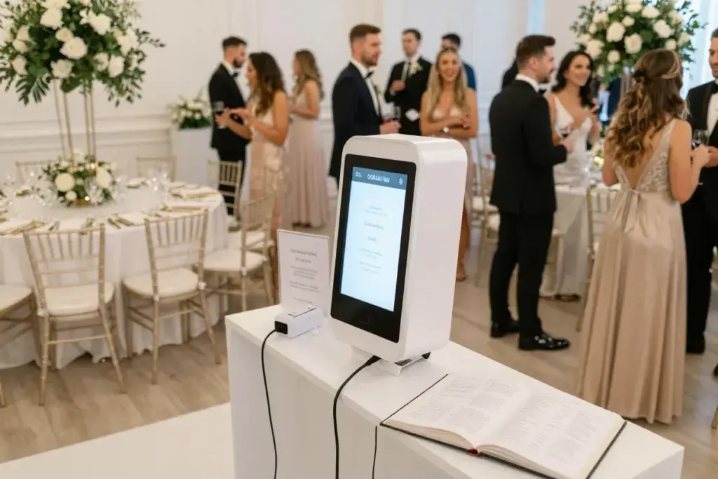 Modern selfie booth strategically placed in high traffic wedding reception area