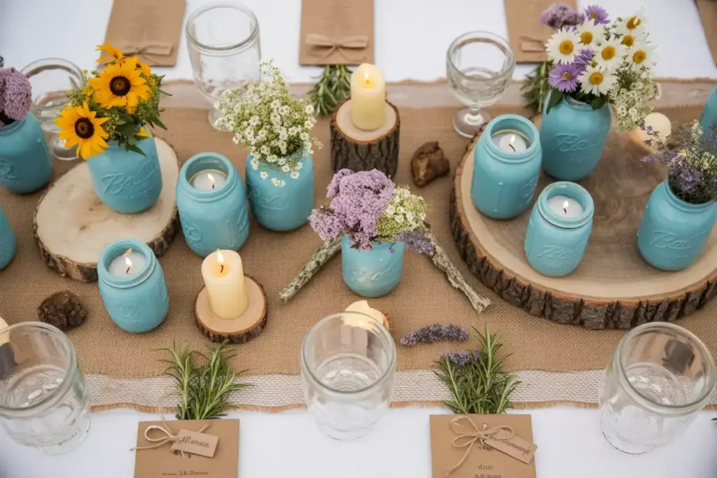 Overhead rustic garden table with mason jars wildflowers wood slices