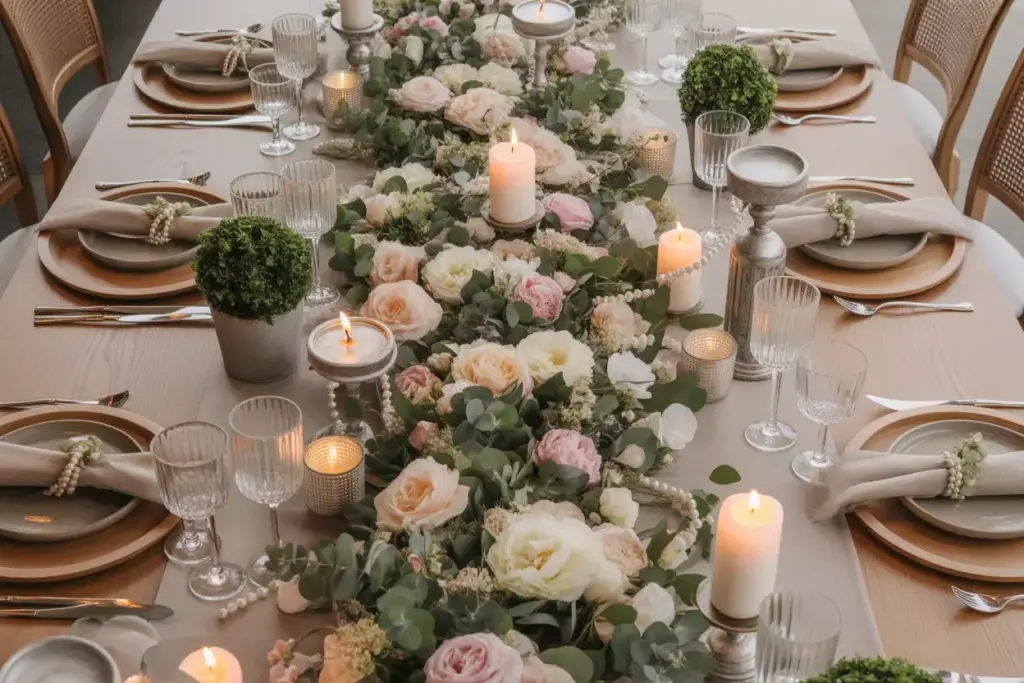 Romantic garden inspired elegance wedding table overhead view