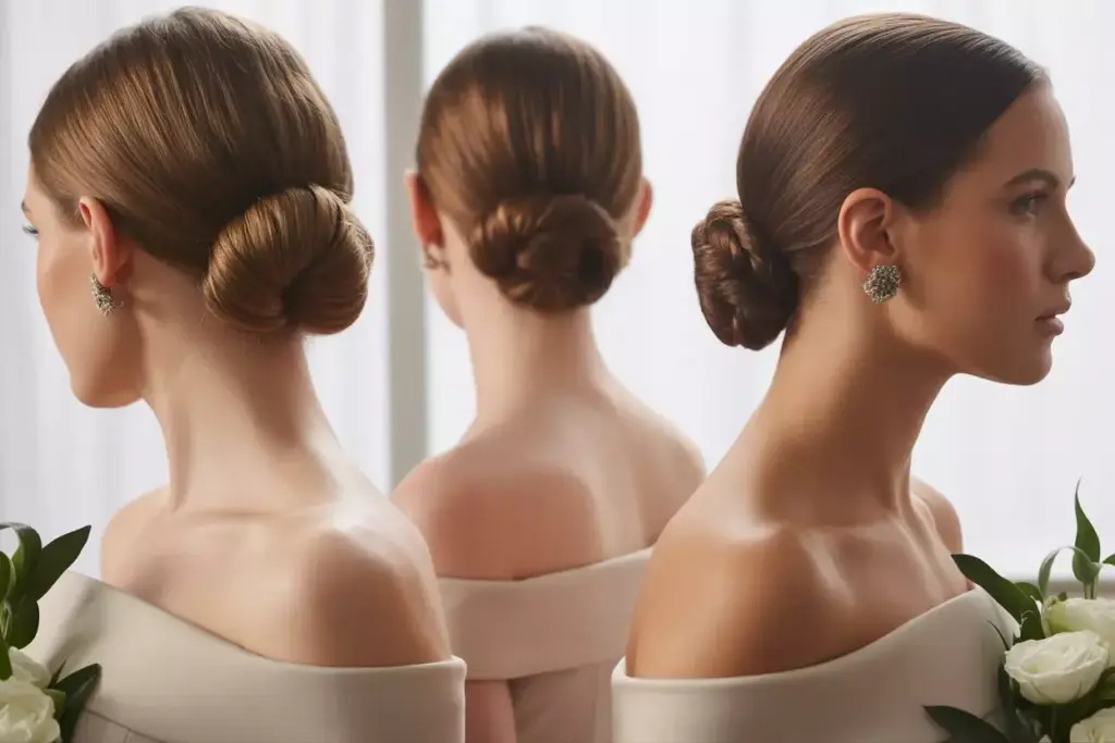 The classic low chignon elegant polished nape updo with strapless dress