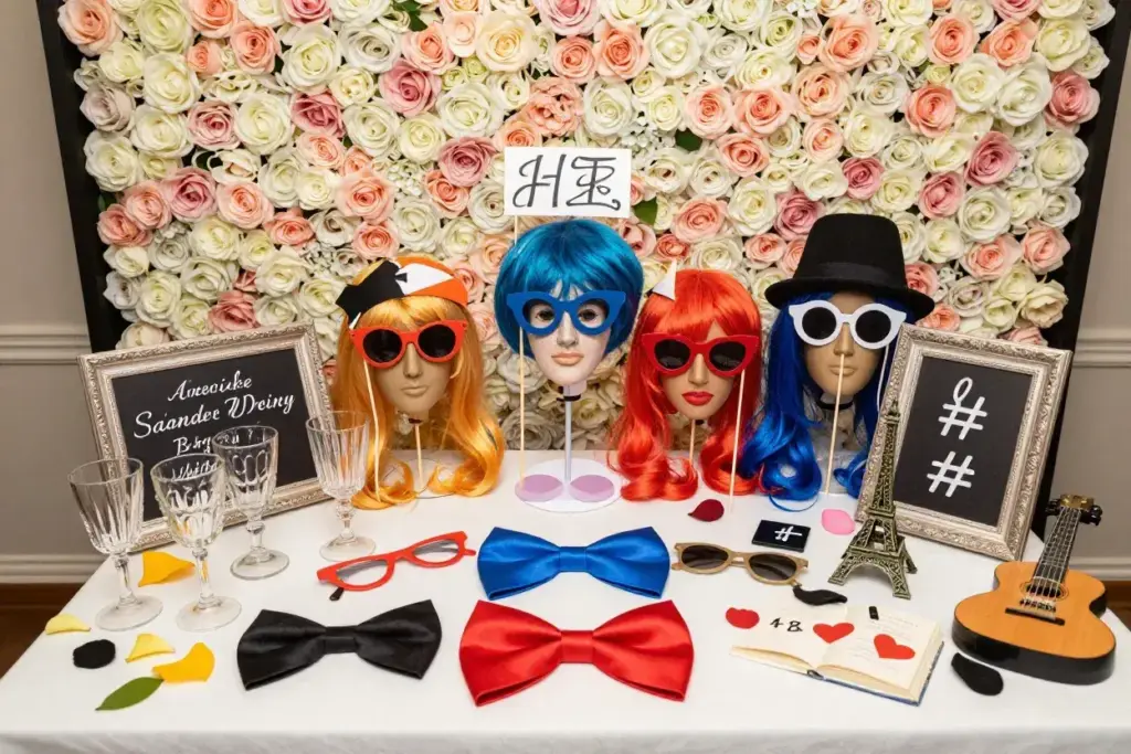 Curated prop collection and personalized backdrop for wedding selfie booth