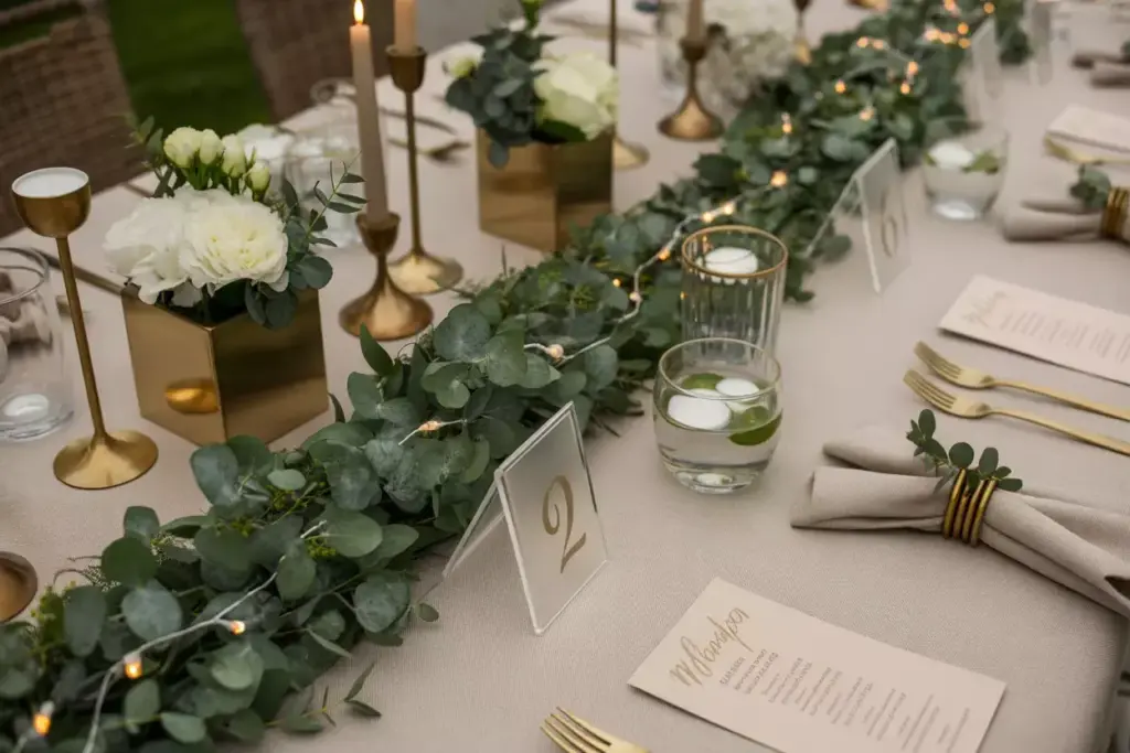 Elegant garden party table greenery garland gold accents evening