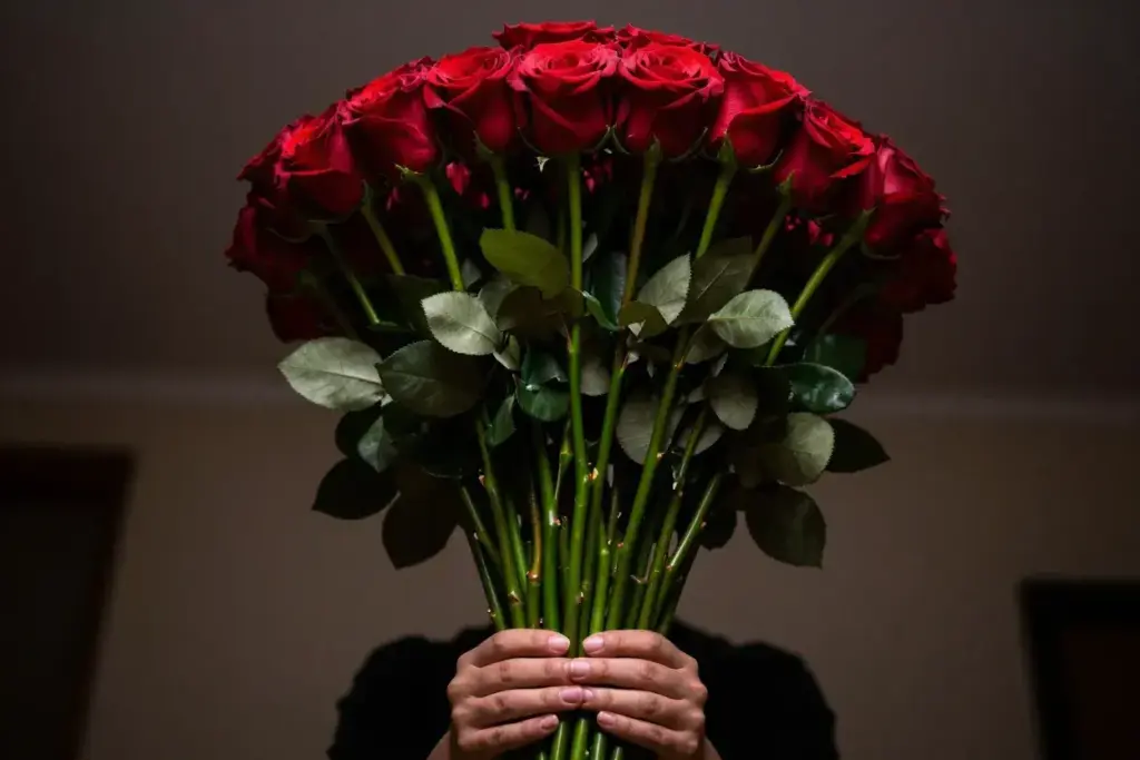 Heroic low angle of long stemmed luxury red roses in hands