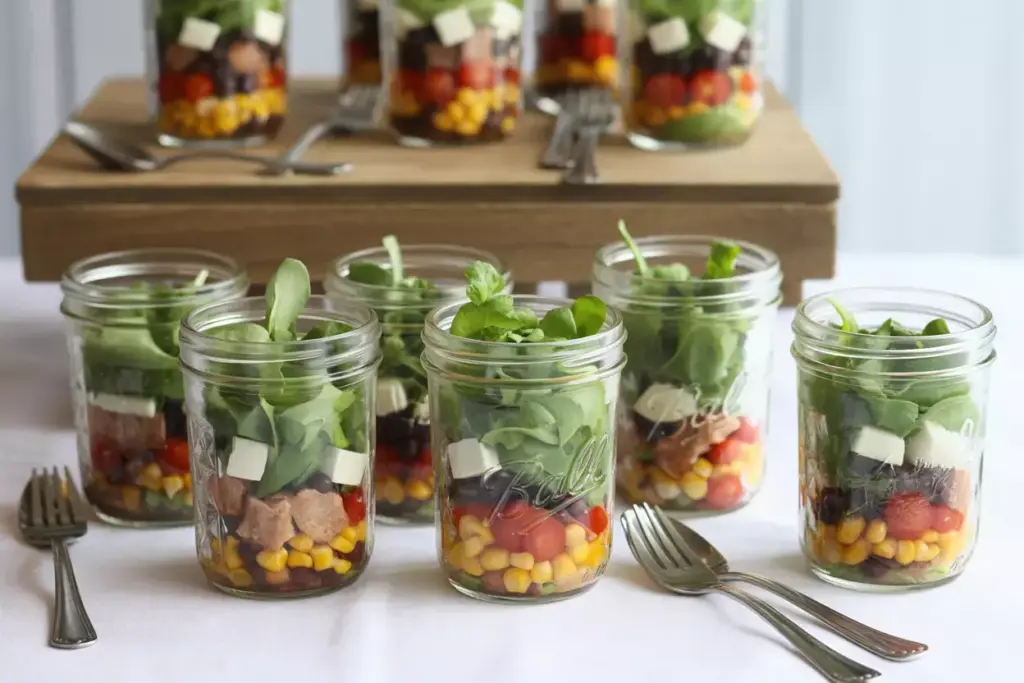 Layered mason jar salads on rustic wooden table flat lay