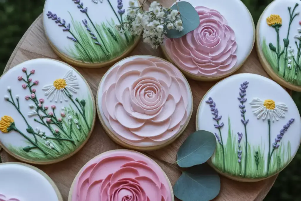 Botanical floral cookies roses peonies wildflowers natural backdrop