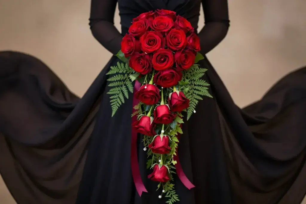 Dramatic cascading bridal style red rose bouquet against dark fabric