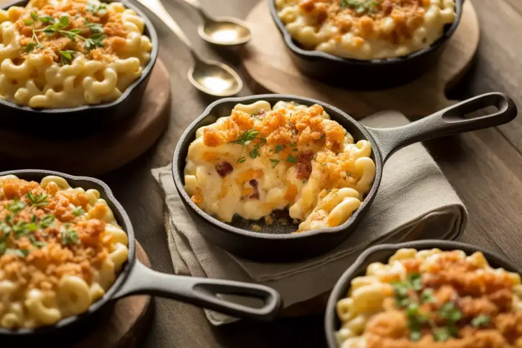 Individual cast iron skillets of gourmet mac and cheese