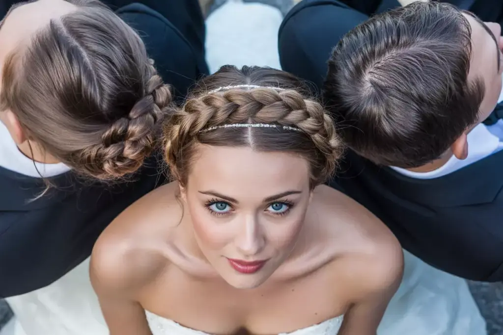 Modern twisted crown braid with intricate detail over strapless dress neckline