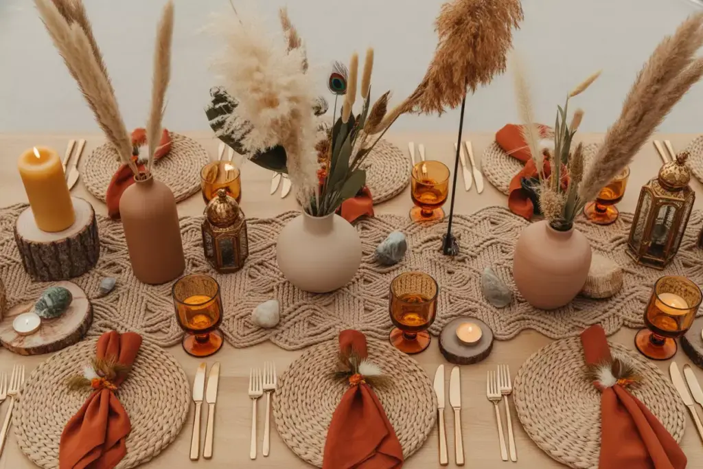 Bohemian luxe table pampas grass macrame warm earth tones