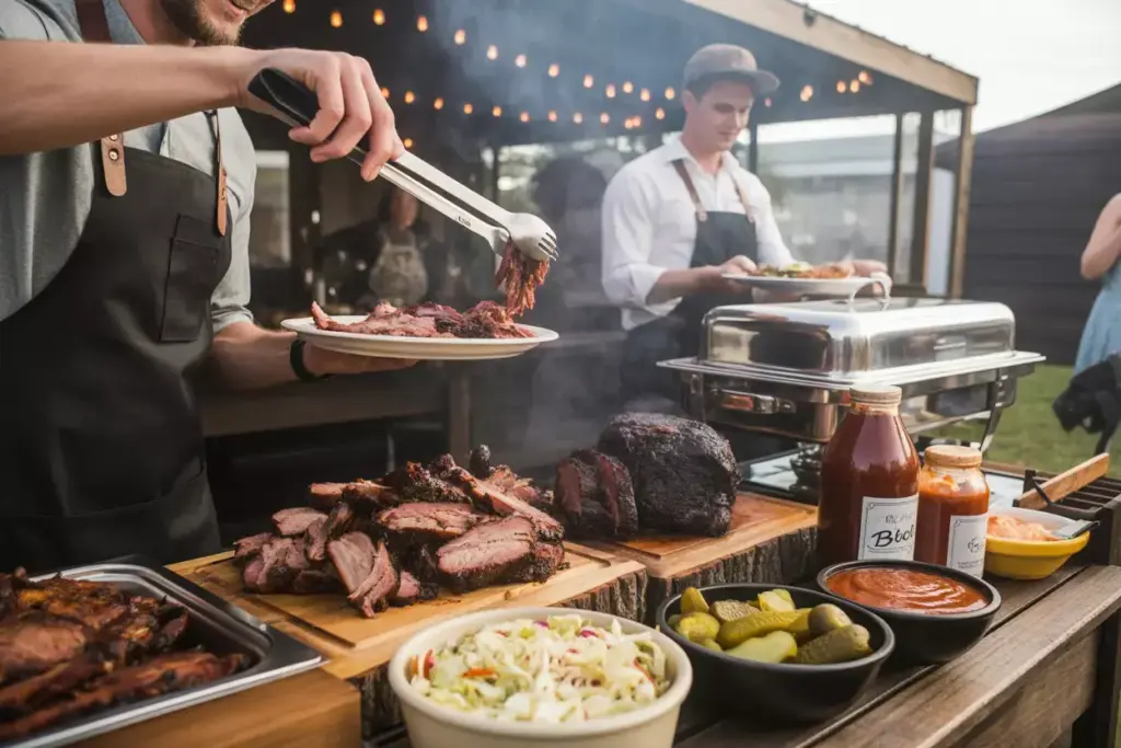 Live bbq station with smoked brisket pulled pork sauces