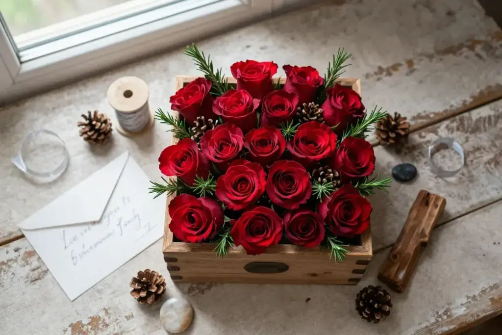 Anniversary flatlay of red roses in wooden box with sentimental items