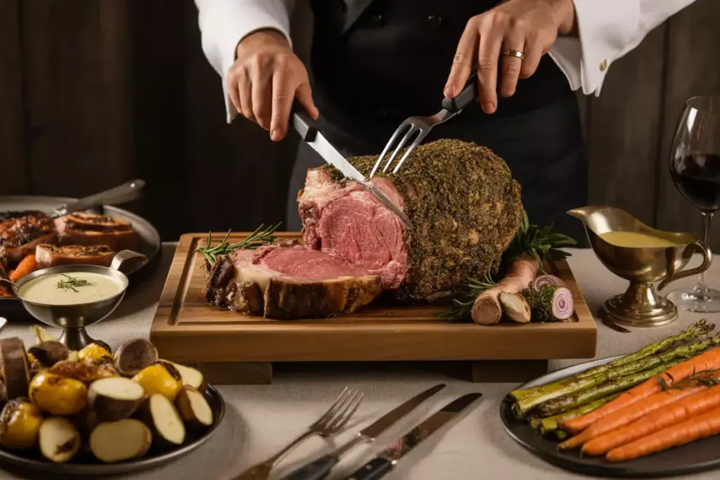 Chef carving herb crusted prime rib roast wooden board