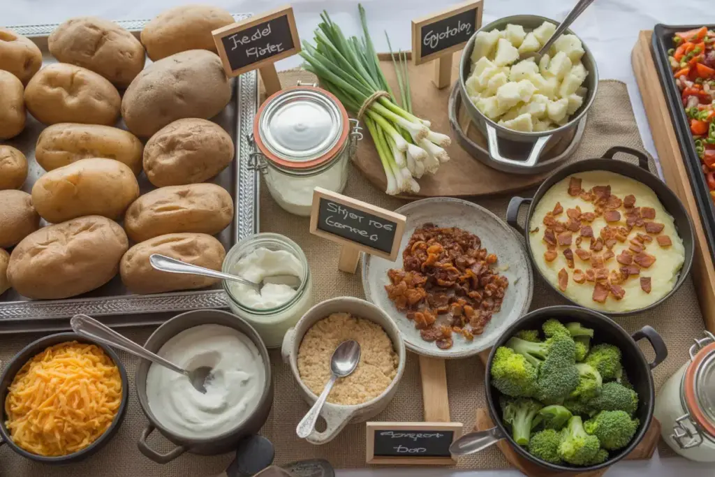 Baked potato bar with assorted toppings in mason jars