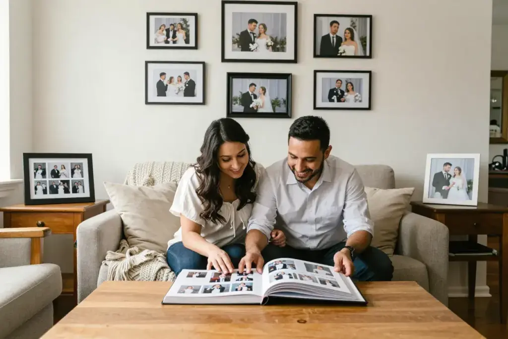 Couple at home viewing photo book and gallery wall of selfie booth memories