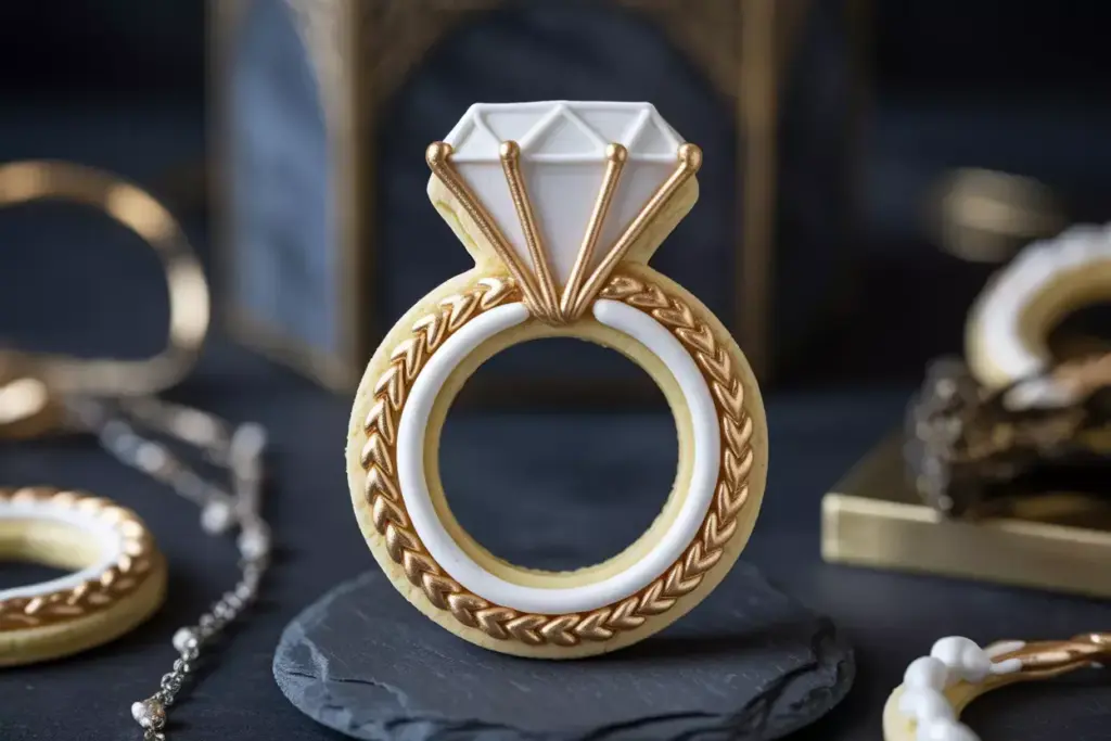 Elaborate wedding ring cookie diamond solitaire gold band
