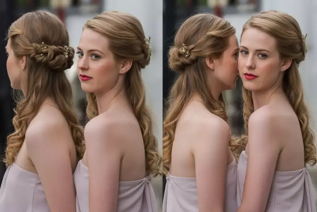 Half up twisted crown with loose curls cascading over strapless dress