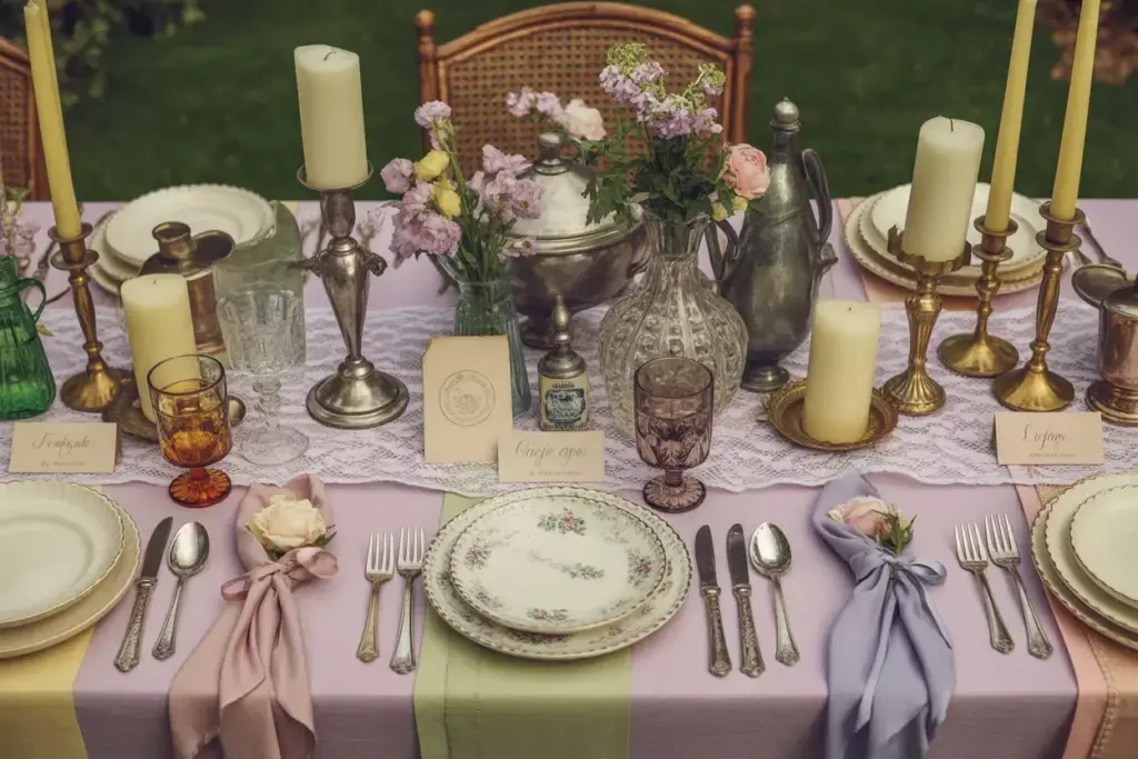 Vintage romance table mismatched china antique silver lace