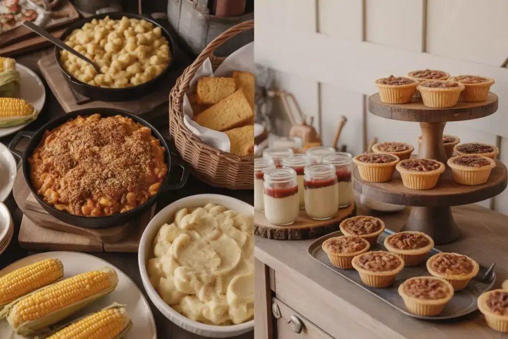 Rustic buffet with mac cheese cornbread and mini pies