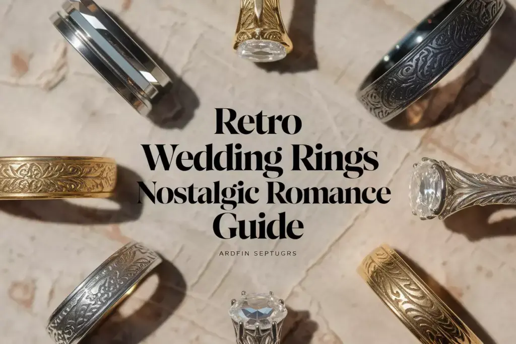 A flat lay of six vintage wedding rings on textured neutral background