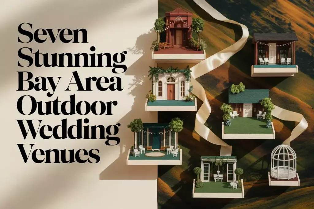 Aerial collage seven miniature bay area wedding venue scenes on paper