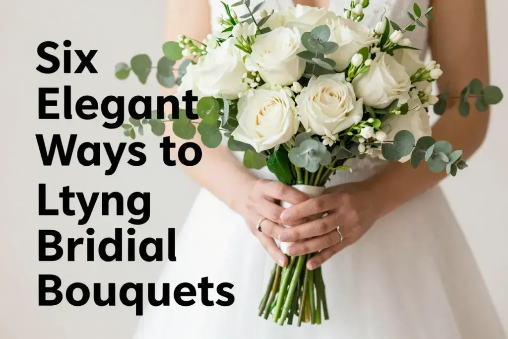 Brides hands holding elegant long white roses cascading jasmine bouquet