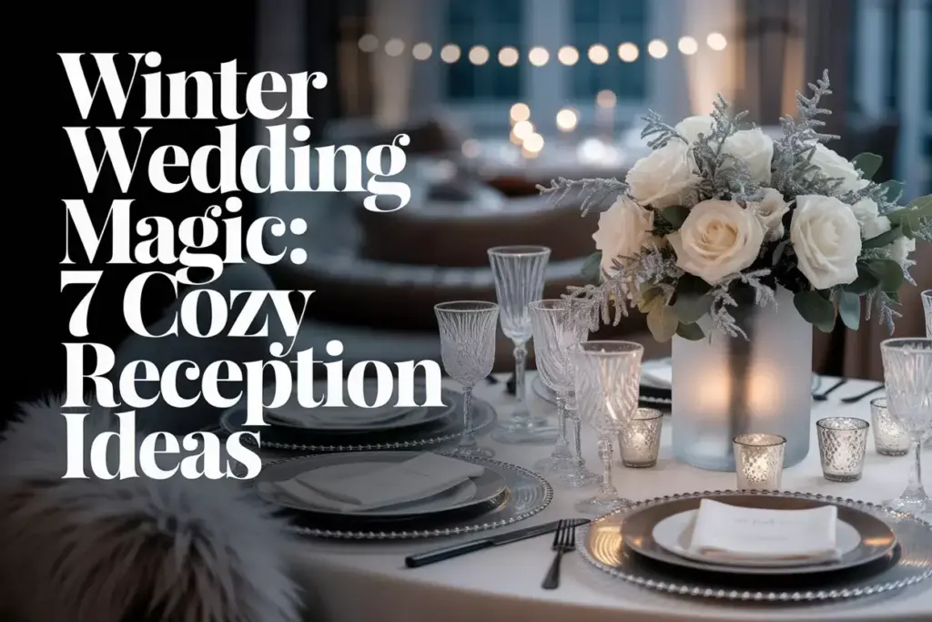 Elegant winter wedding tablescape with frosted centerpiece and cozy lounge