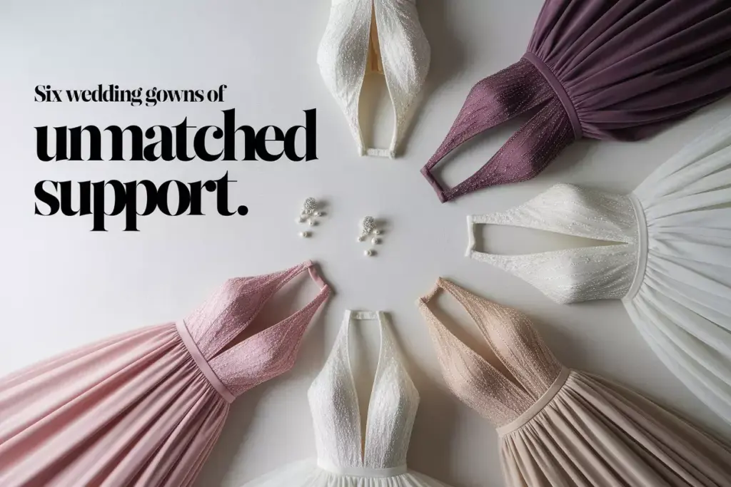 Halter wedding gown flat lay showcasing six elegant supportive silhouettes