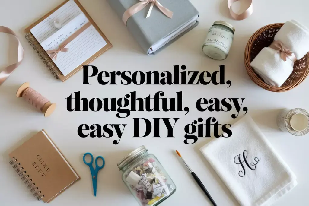 Overhead flat lay of diy bridal shower gift materials on clean background