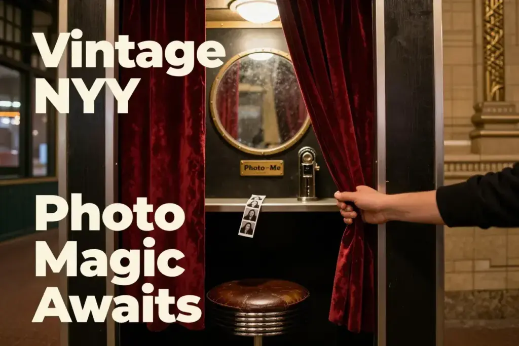 Vintage new york city photo booth interior with red curtain and classic stool
