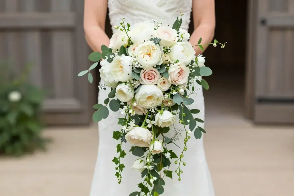 Brides hands holding cascading waterfall bouquet in garden outdoor ceremony