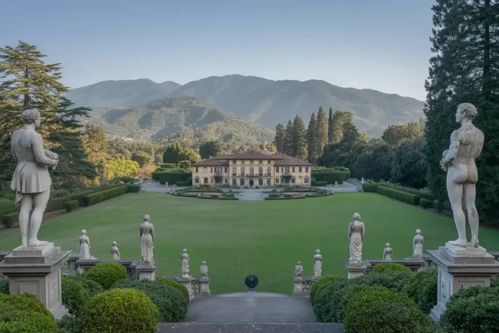 Italian renaissance villa great lawn santa cruz mountains backdrop